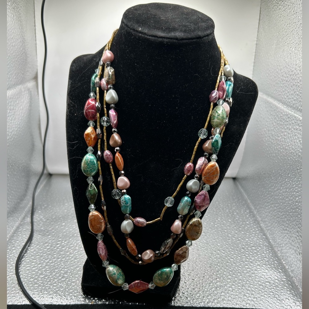 Beautiful Multi- layered stone Necklace-colors of Blue, Bronze 11”Length